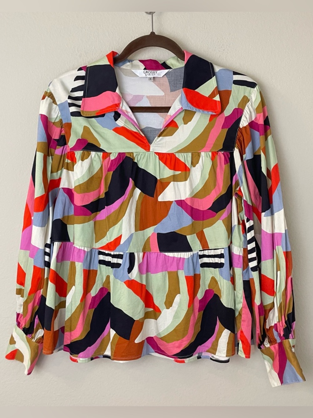 CROSBY by Mollie Burch Abstract Print Tiered Peasant Cotton Blouse Size S